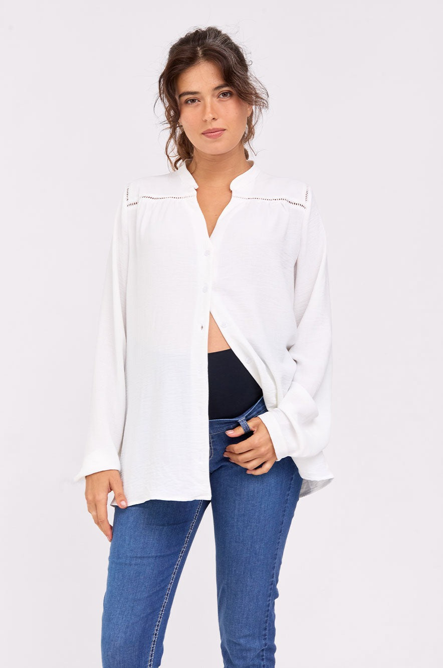 חולצת הריון ברברה לבן - צווארון סיני - חולצות הריון מבית אבישג ארבל