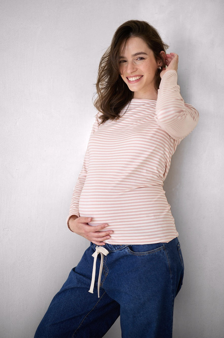 חולצת הריון סירה ש. ארוך פסים ורוד - מקולקציית החולצות של אבישג ארבל
