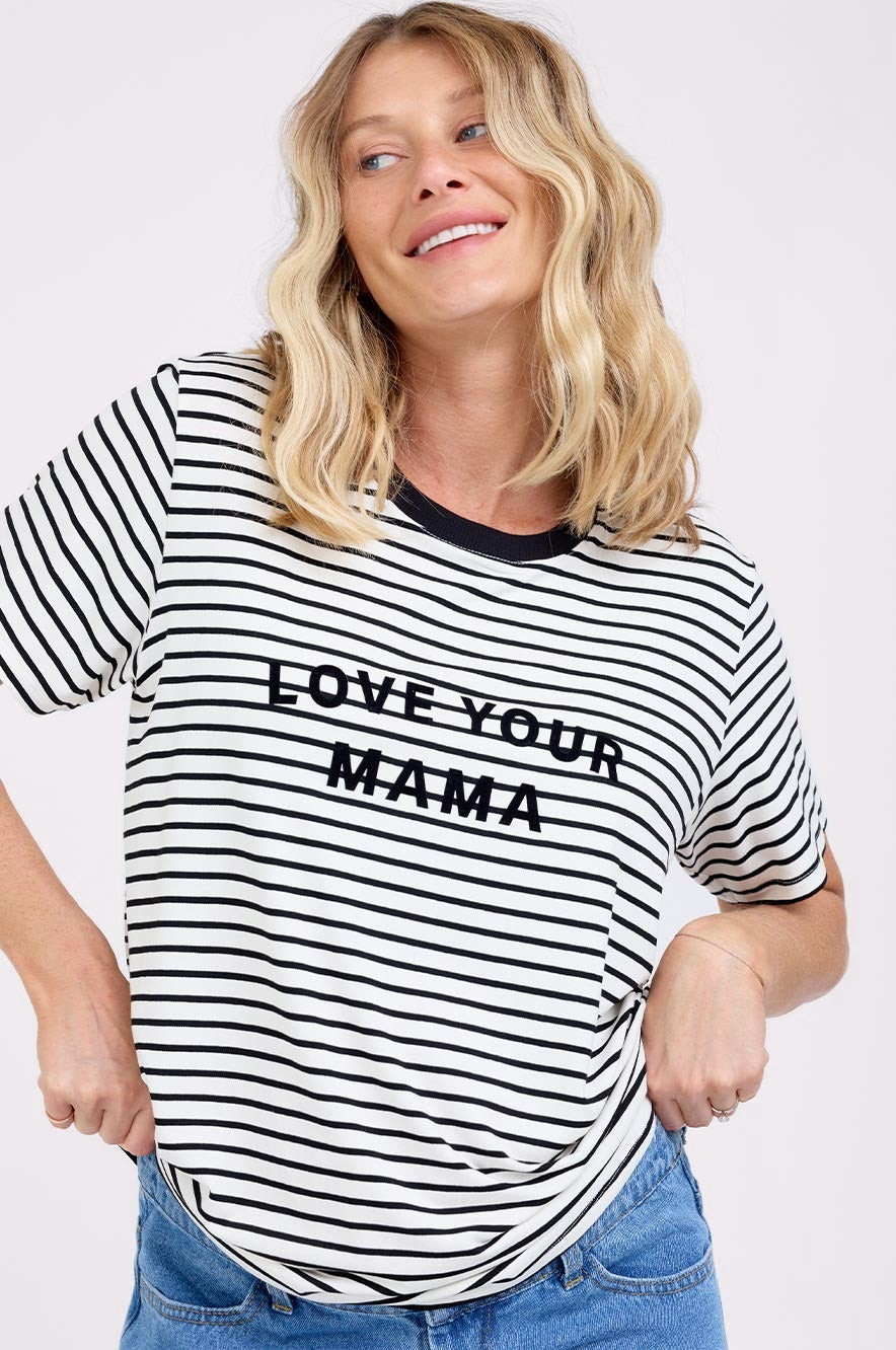 טי שירט הריון LOVE YOUR MAMA שמנת פס שחור - שרוול קצר - חולצות הריון מבית אבישג ארבל