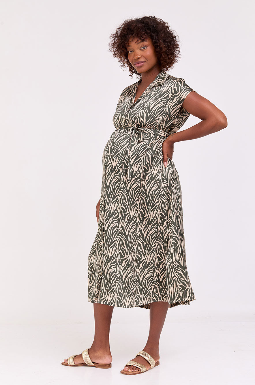 שמלת הריון קארינה זית בז' - גזרה משוחררת - אבישג ארבל