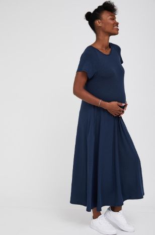 תמונה של שמלת הריון דריה כחולה פסים שחורים