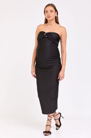 שמלת סטרפלס להריון שחורה באורך מידי
